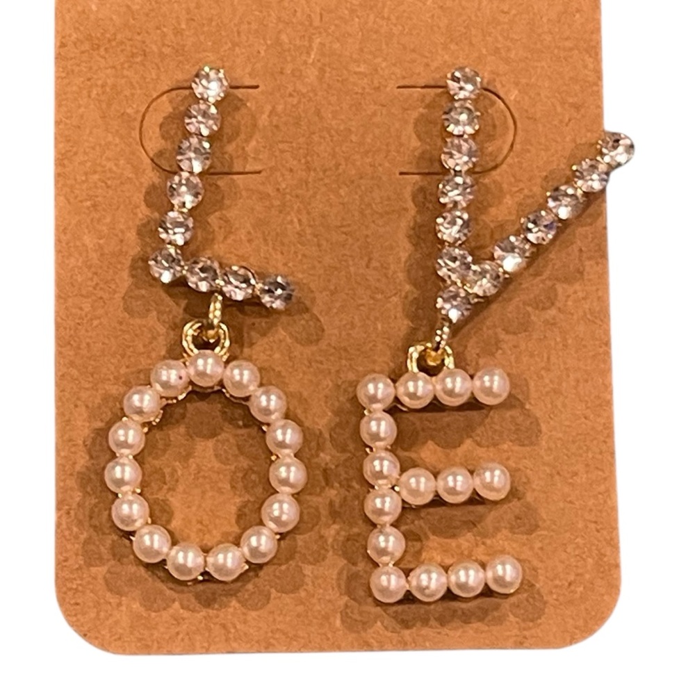 Isaac Mizrahi Pearl with Rhinestone “LOVE” Gold Tone Earrings